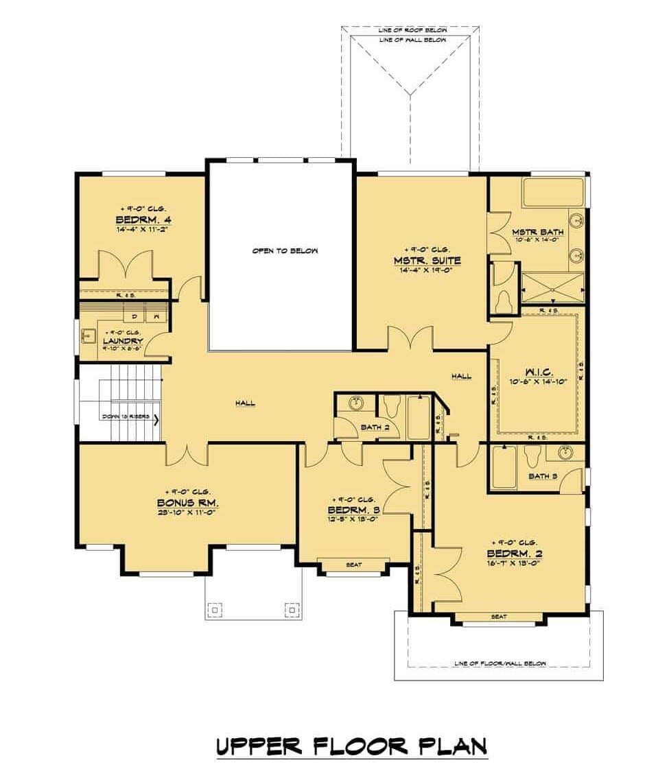 Second level floor plan with four bedrooms, three baths, laundry, and a bonus room.