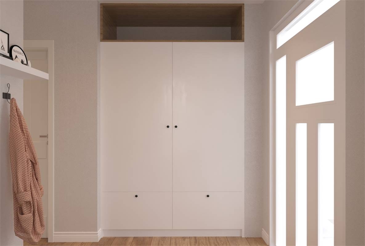 The foyer includes a coat closet hidden behind white double doors.