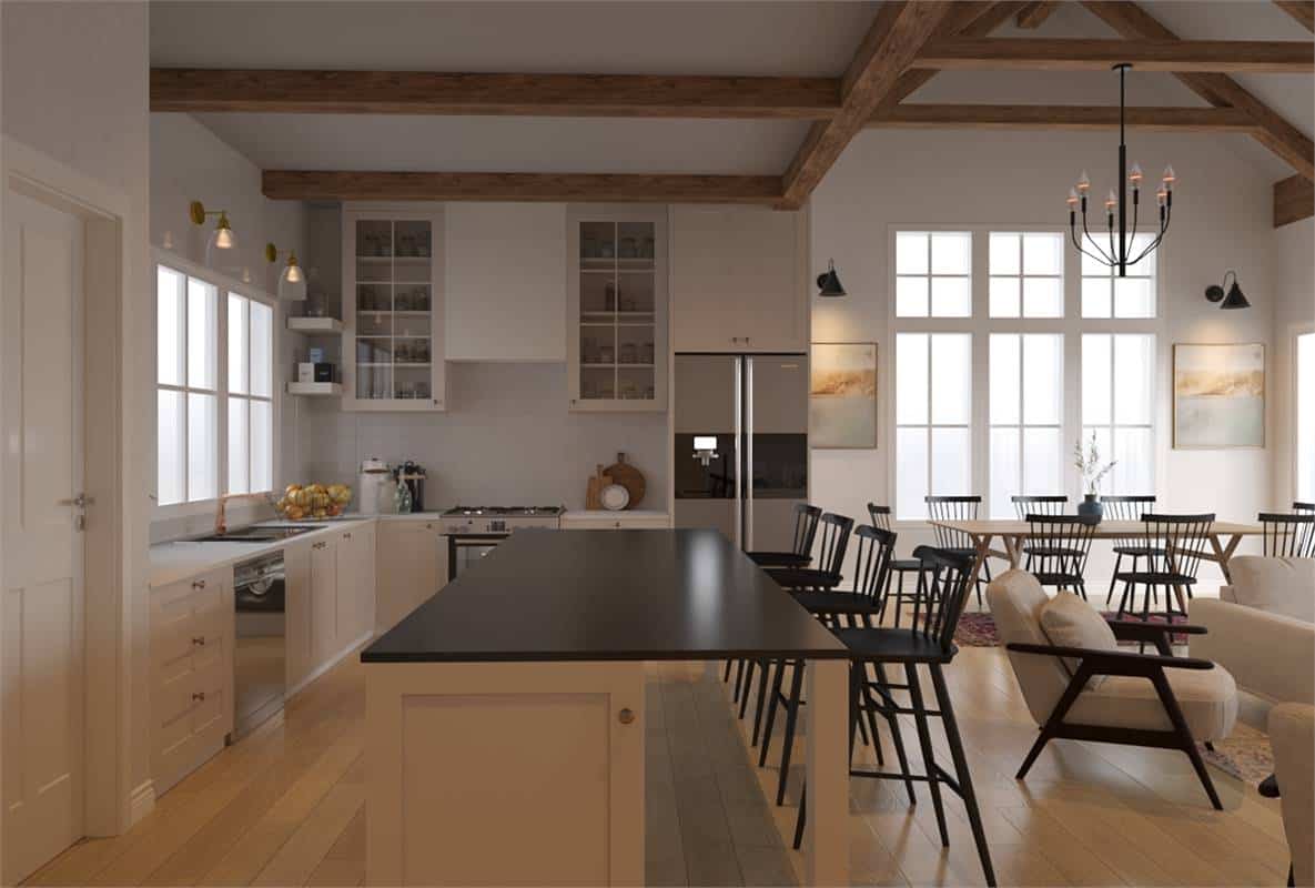 Four bar stools complement the kitchen island.