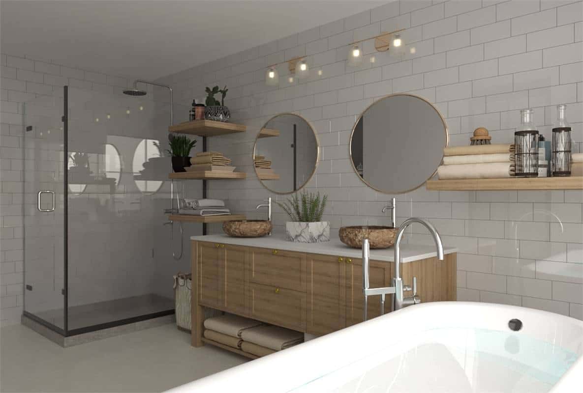 The primary bathroom includes a glass-enclosed shower with chrome fixtures.