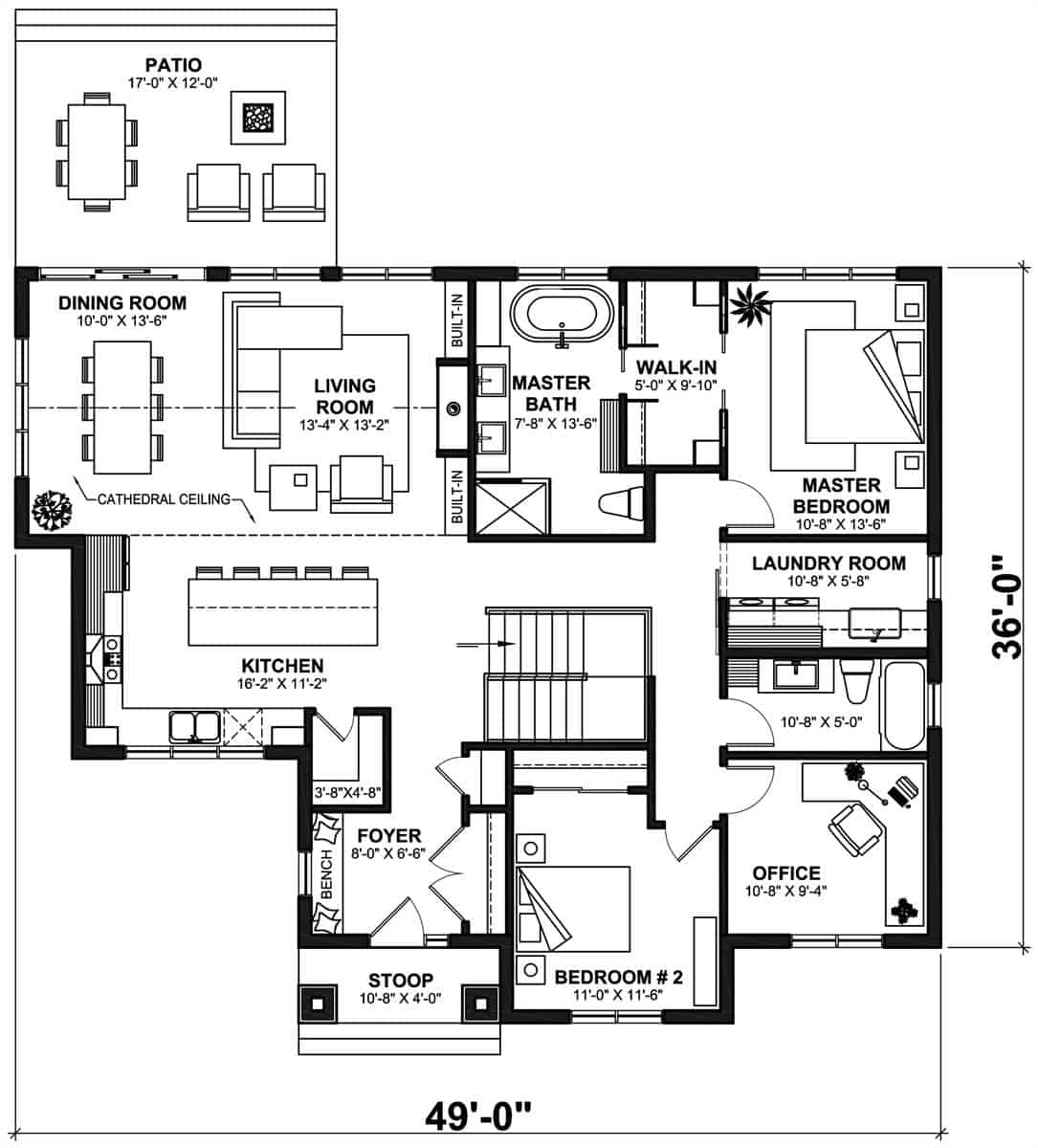 Main level floor plan of a cottage style 4-bedroom single-story Hubert home with foyer, kitchen, living room, dining room, laundry, office, and two bedrooms including the primary suite.
