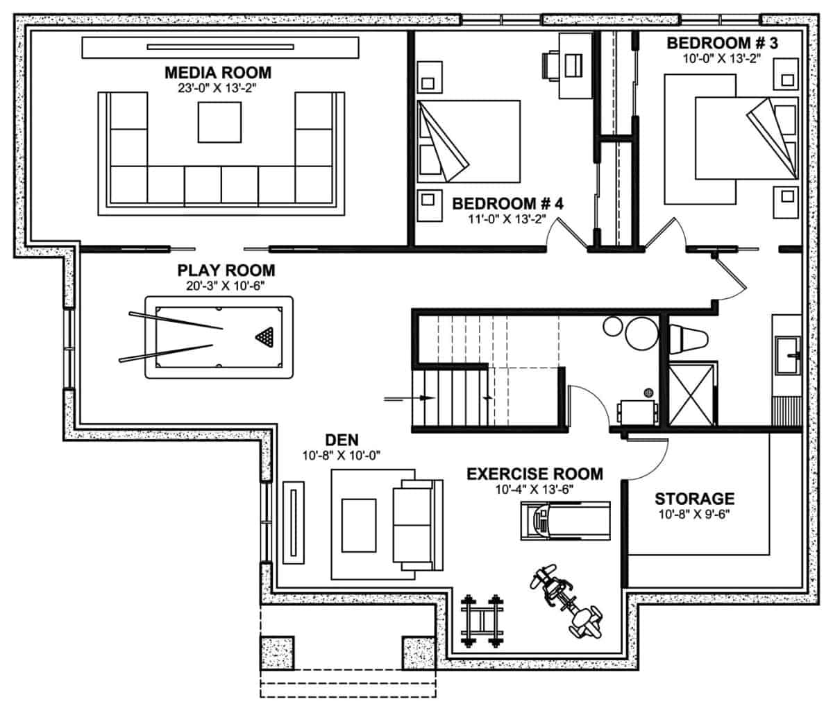 Lower level floor plan with two bedrooms, media room, playroom, exercise room, den, and storage room.