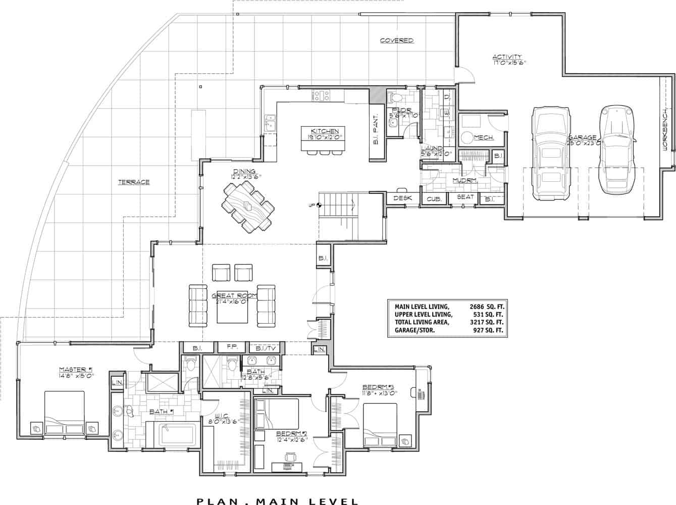 Main level floor plan of a 3-bedroom contemporary two-story The Saunder home with great room, dining area, kitchen, three bedrooms, and mudroom leading to the garage.