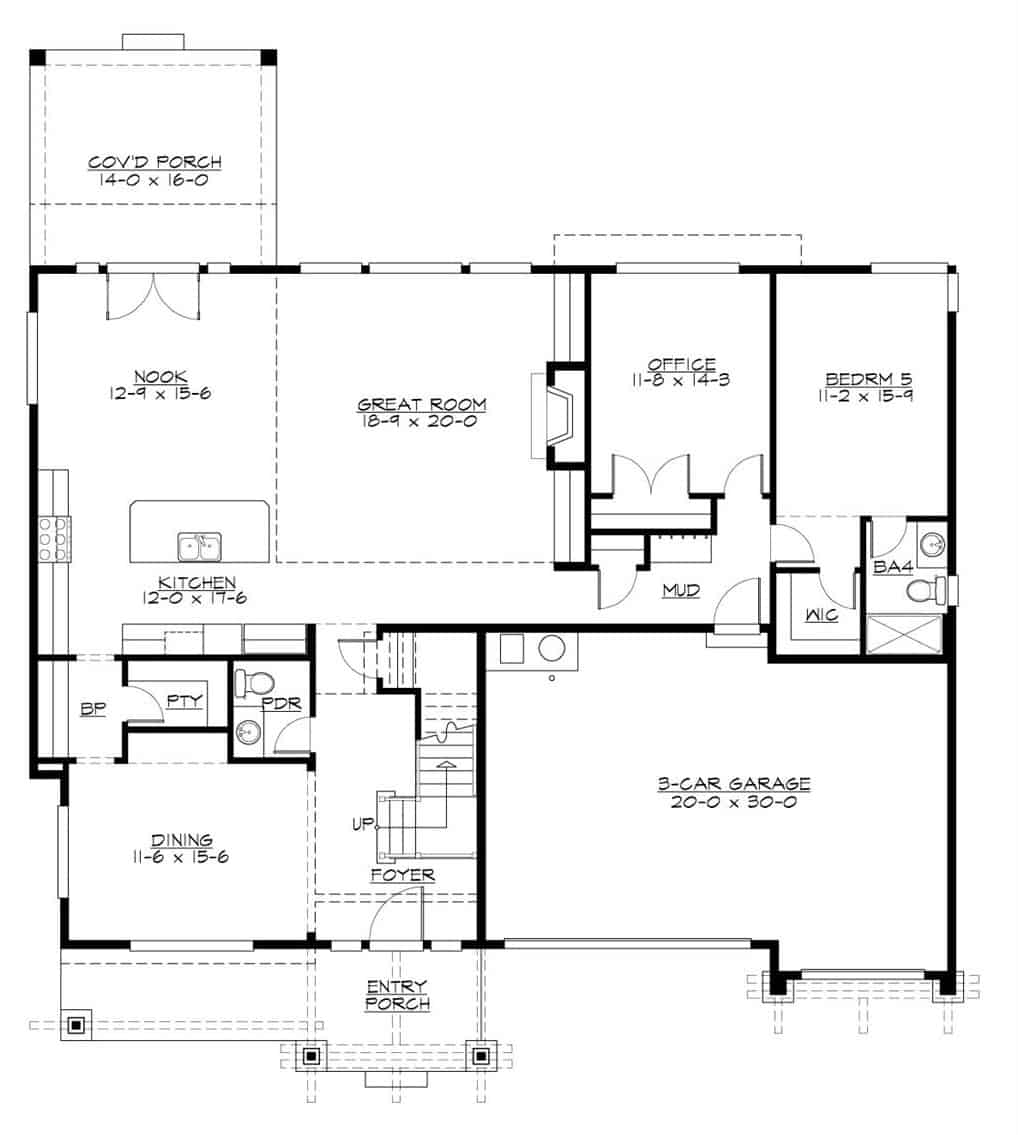 Main level floor plan of the MacKellar two-story 5-bedroom craftsman home with foyer, dining room, great room, kitchen, breakfast nook, home office, a bedroom, and a mudroom leading to the garage.