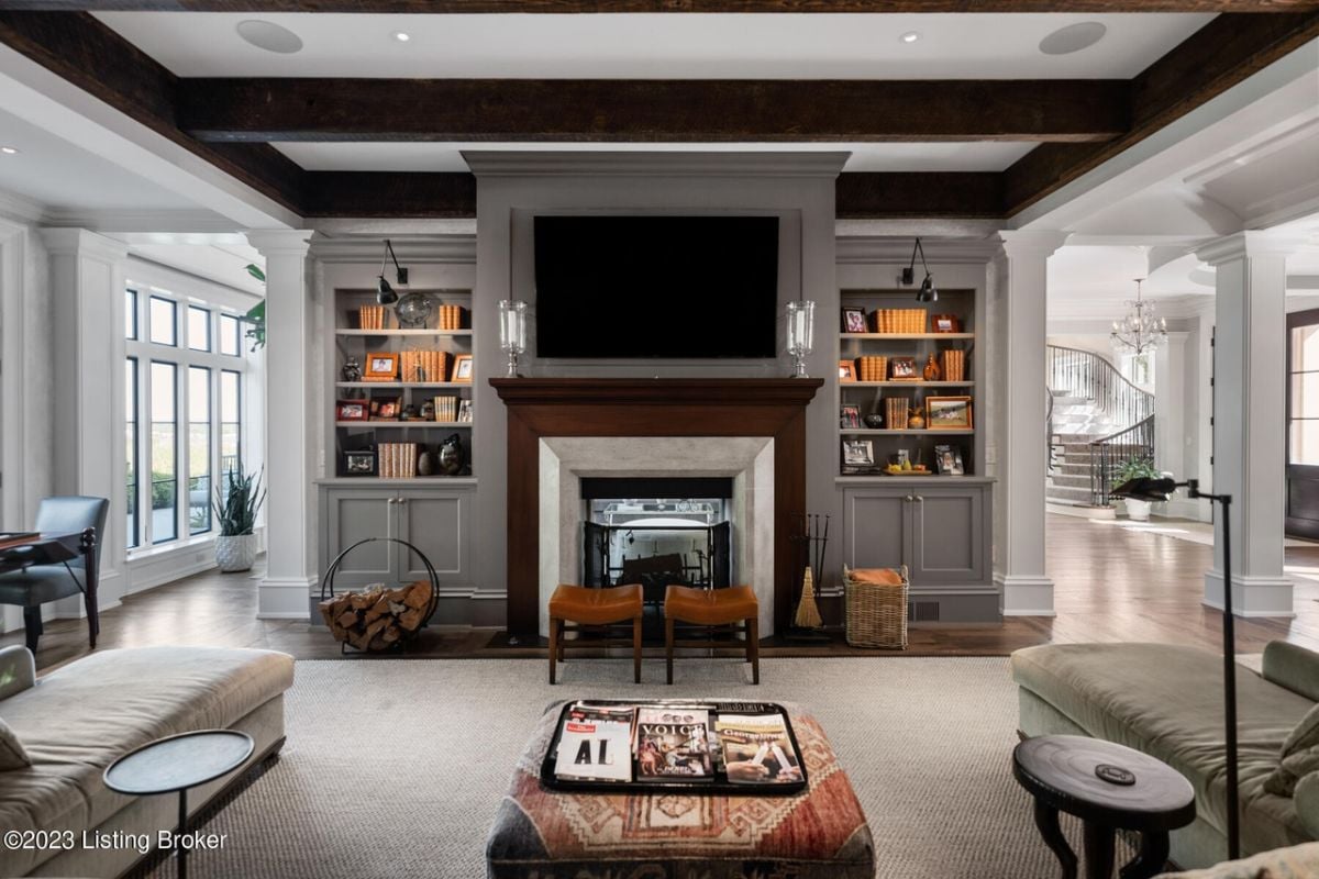 Reading room with fireplace.