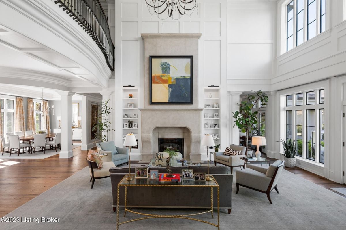 Living room with sofas and fireplace.