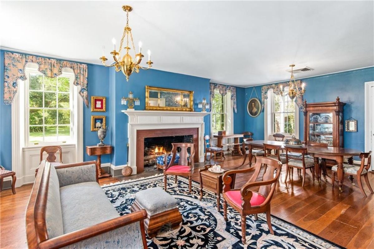 Living room's fireplace and couch.
