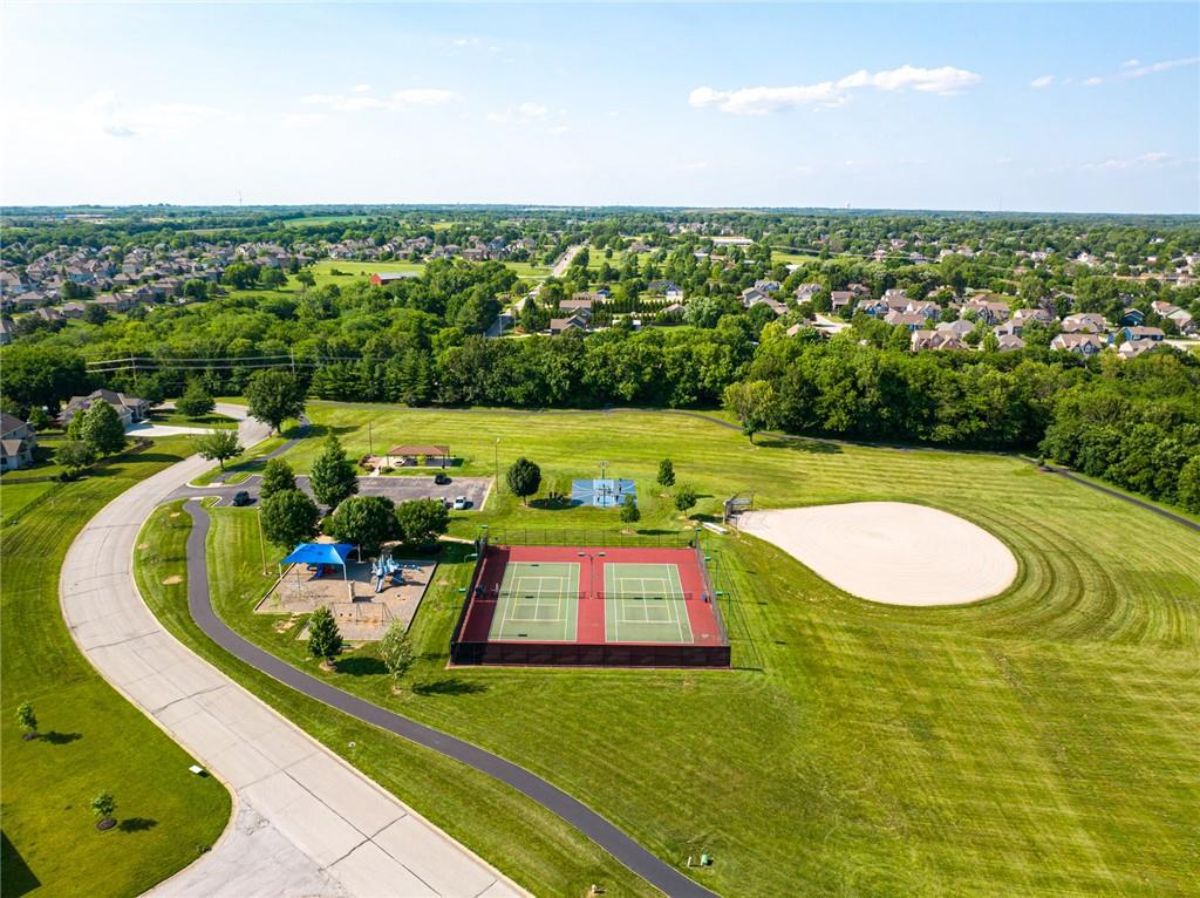 Tennis court, property's aerial view.