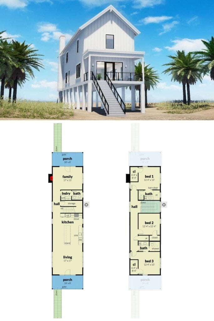 Two-Story Beach Style Home with Three Bedrooms and Narrow Footprint ...