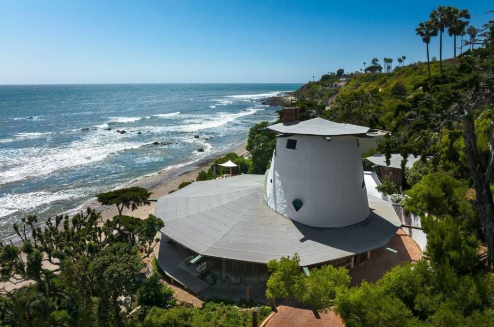 An aerial view of the house from the back.