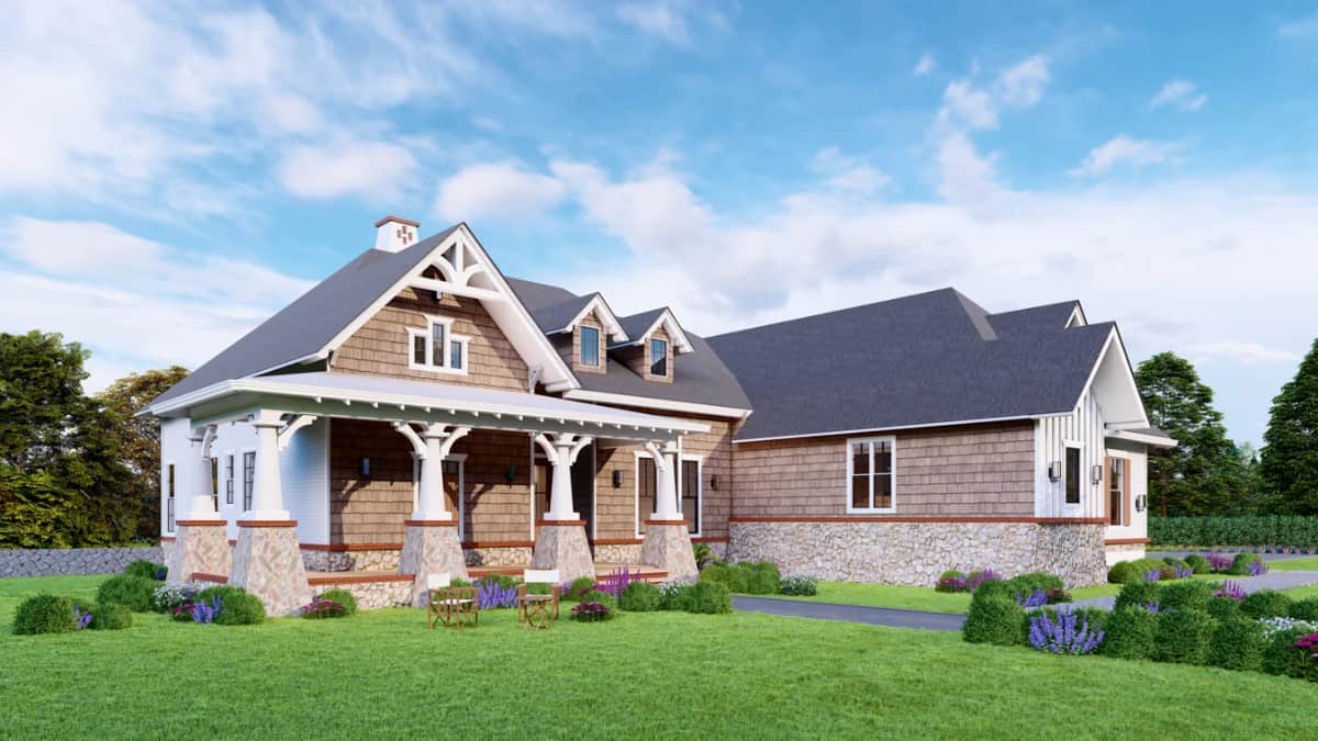 Front-left rendering with gable dormers and a covered entry porch framed with tapered columns.