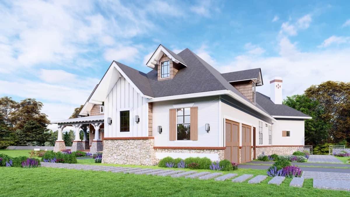 Front-right rendering showcasing the 2-car side-loading garage topped with a dormer window.
