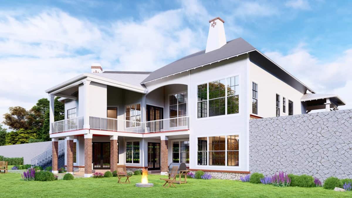 Rear-left rendering with stacked porches and huge windows bringing natural light in.