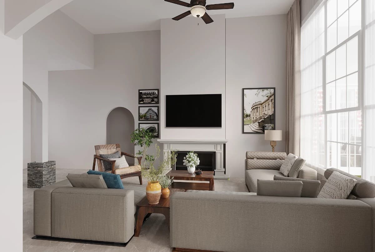 Grand lodge room with a tall ceiling, gray seats, and a TV mounted above the fireplace.