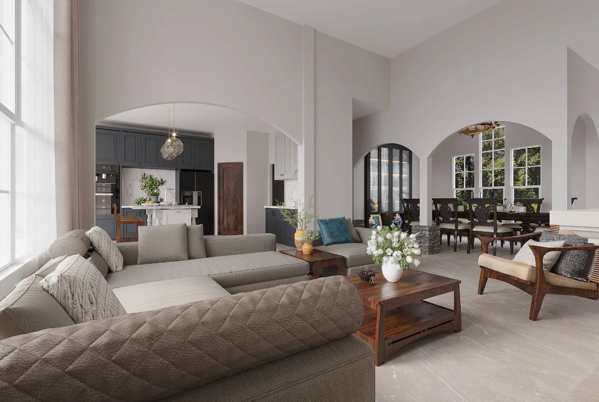 Arched openings connect the grand lodge room to the kitchen and dining room.