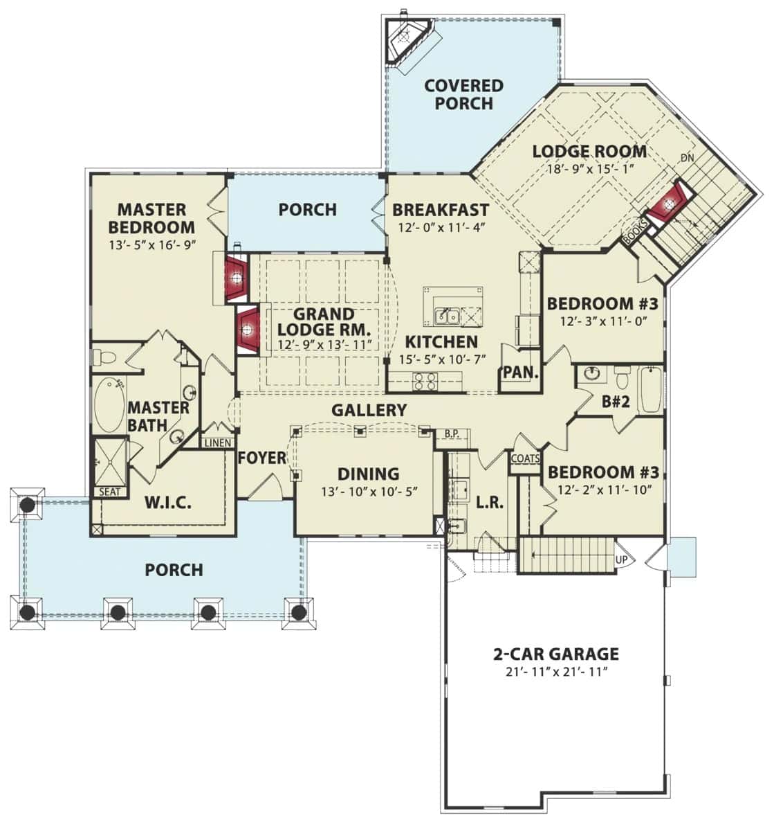 Main level floor plan of a ranch style 3-bedroom single-story Birch River cottage with foyer, grand room, kitchen, breakfast nook, dining room, lodge room, three bedrooms, and laundry leading to the double garage.