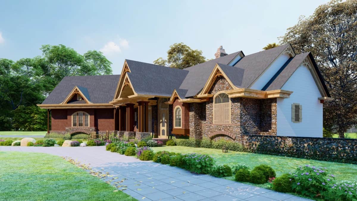 Front-right view with multiple gables and a covered front porch.
