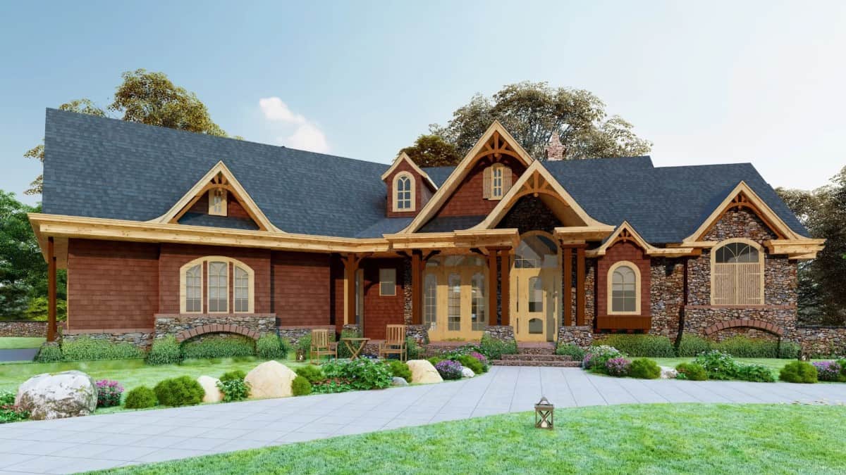 Front view of the house with an angled garage and a covered front porch framed with stone base columns.