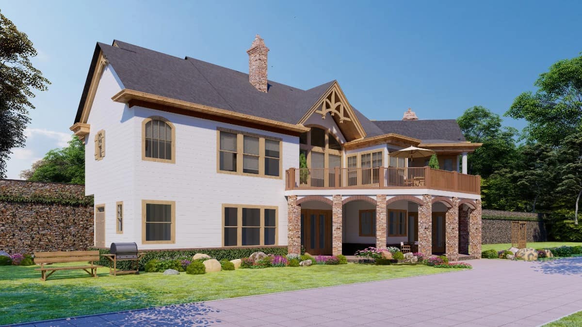 Rear-right view with huge windows and a covered patio topped with a spacious deck.