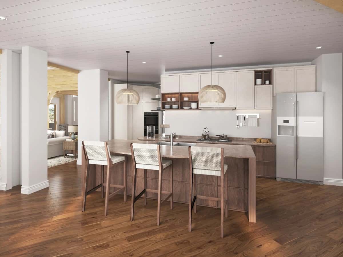 Kitchen with contrasting cabinets, stainless steel appliances, and a center island topped with a couple of dome pendants.