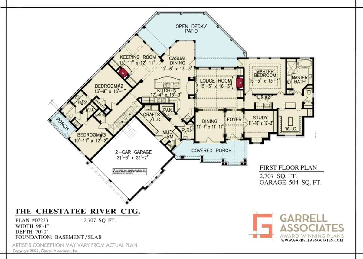 Main level floor plan of a single-story rustic 3-bedroom Chestatee River cottage with foyer, study, dining room, lodge room, kitchen, casual dining, keeping room, three bedrooms, and mudroom leading to the garage.