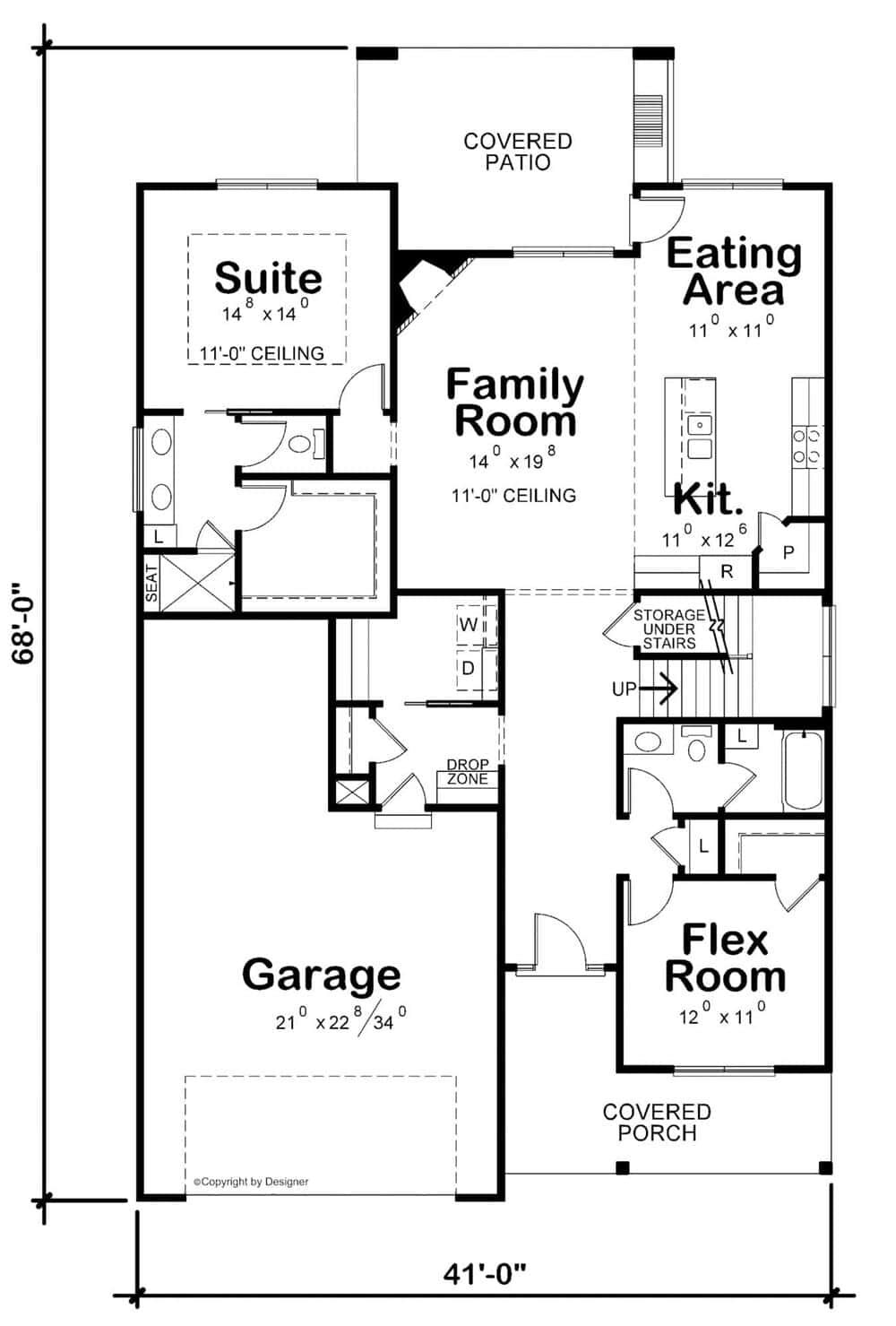 Main level floor plan of a farmhouse style 4-bedroom two-story home with family room, kitchen, eating area, flex room, primary suite, and double garage.