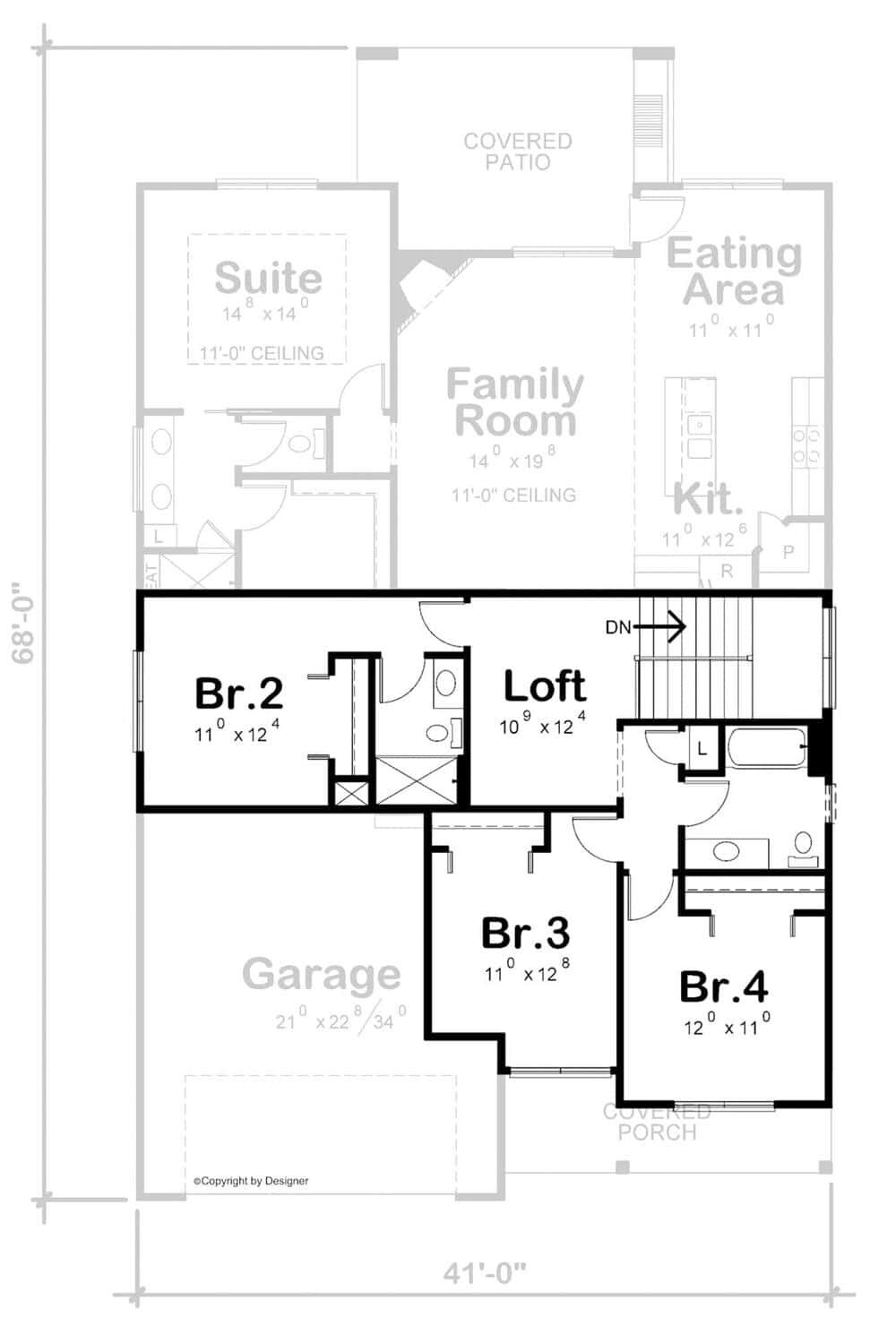 Second level floor plan with three bedrooms, two baths, and a loft.