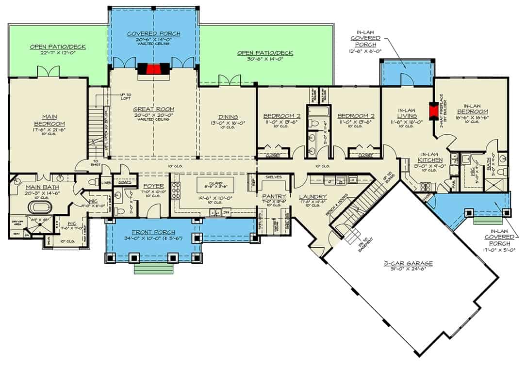 Main level floor plan of a modern two-story 4-bedroom farmhouse with foyer, great room, dining room, three bedrooms, laundry leading to the garage, and an in-law suite.