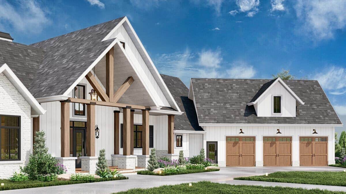Front-left rendering with an a covered entry porch and an angled 3-car garage.