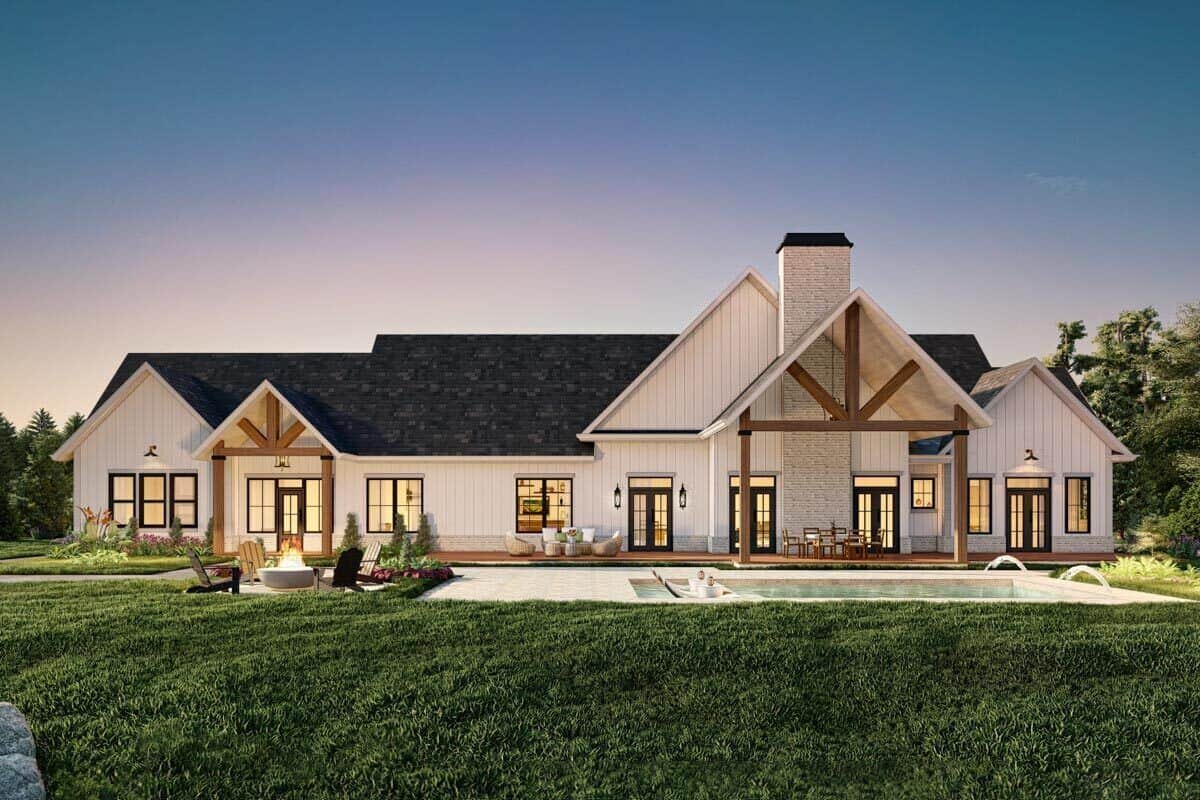 Rear rendering with a partially covered patio, a pool terrace, and a fire pit seating.