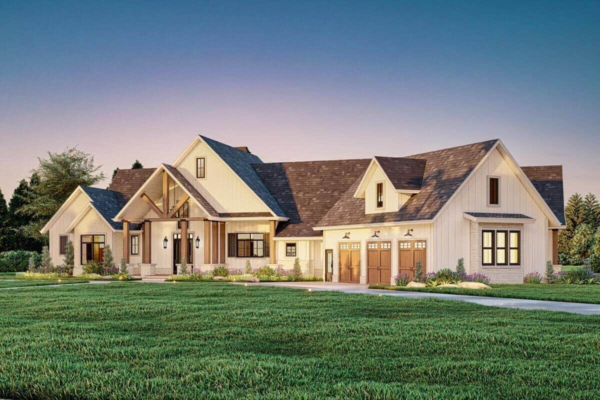 Front-right rendering showcasing the angled garage topped with a gabled dormer.