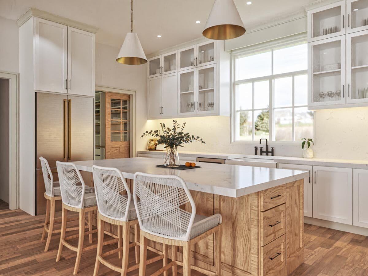 Kitchen with white and glass-front cabinets, stainless steel appliances, and a breakfast island with four seating.