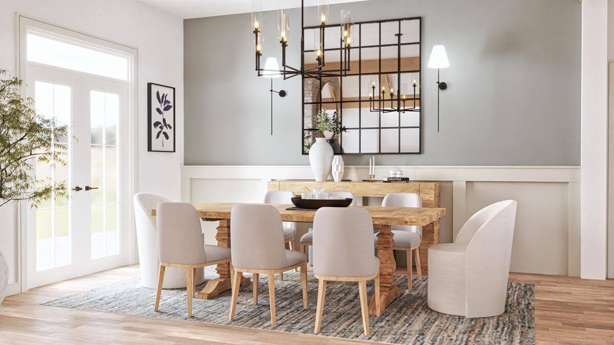 Dining room with a contemporary dining set, half-wainscoted walls, and a French door 