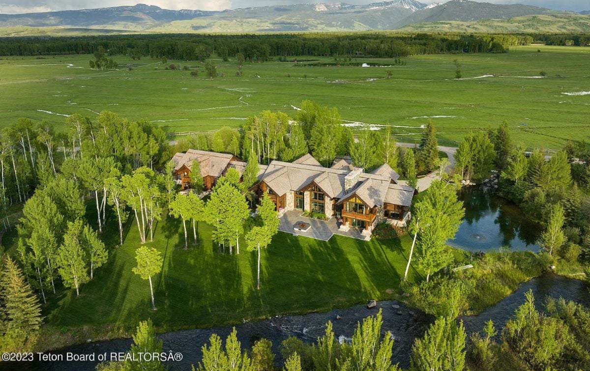 Aerial view of the 9,696 Sq. Ft. Estate in Wilson, WY.