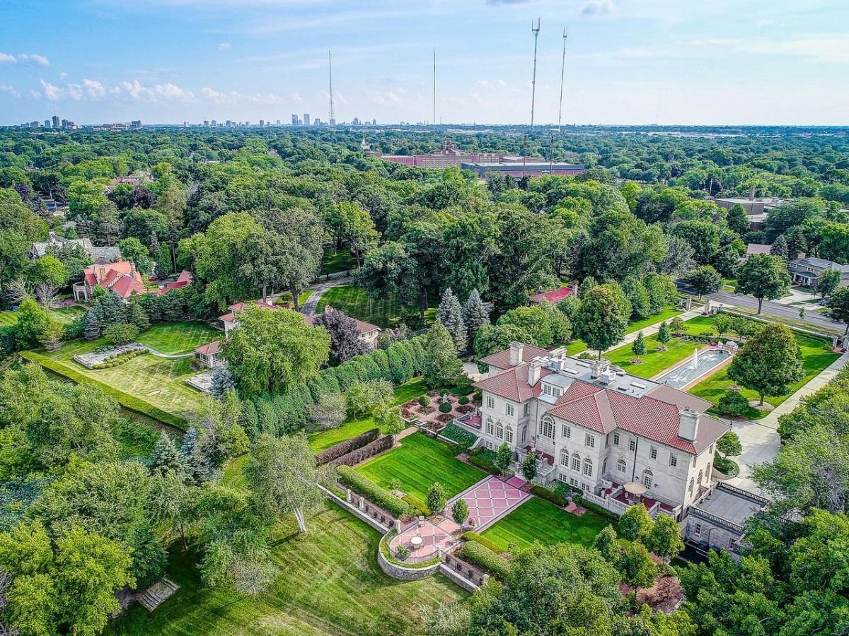 Aerial view of the 13,717 Sq. Ft. Mansion in Whitefish Bay, WI.