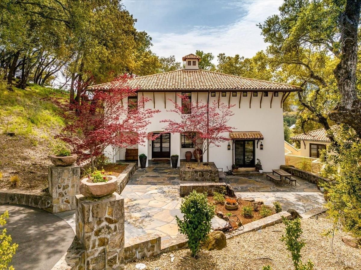 Façade of the mansion in 1700 Howell Mountain Road, St Helena, CA. 