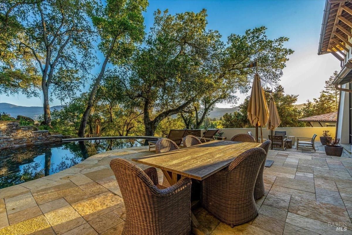 Pool with dining area.