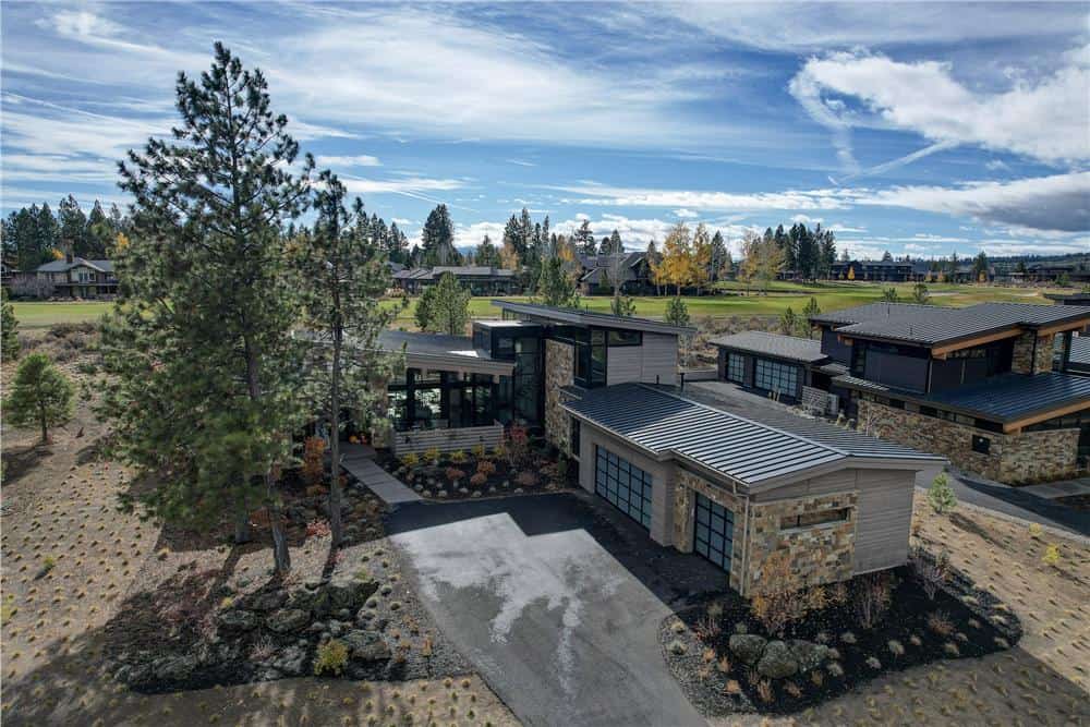 Aerial front view of the two-story contemporary home.