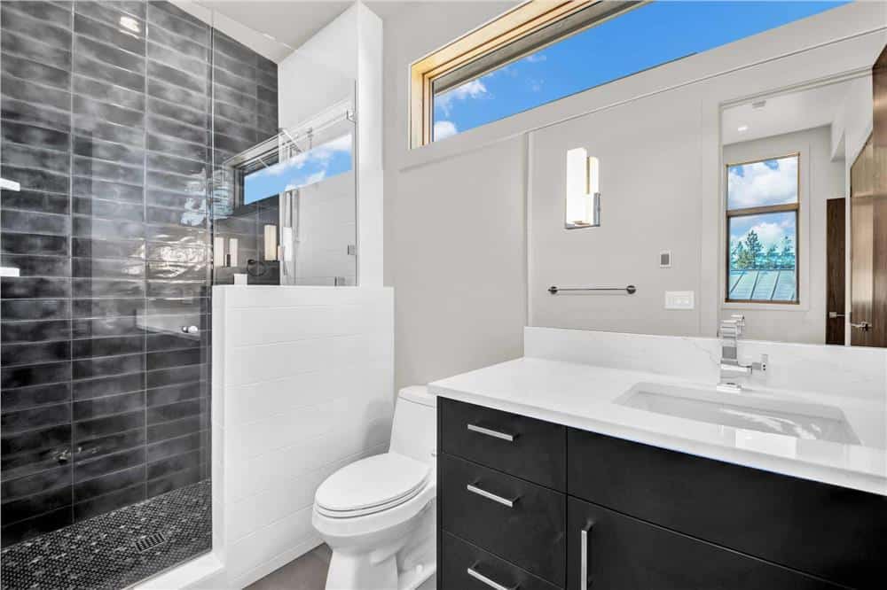 Bathroom with a sink vanity, a toilet, and a walk-in shower.