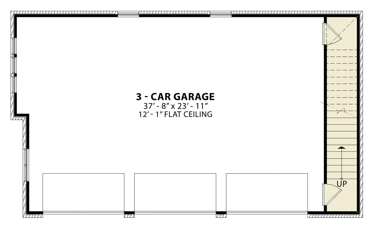 Main level floor plan of a country style two-story 1-bedroom Newton carriage home with a 3-car garage.