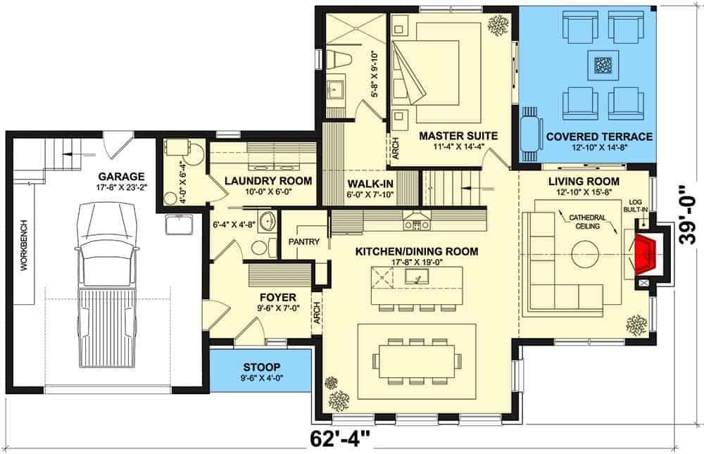 Main level floor plan of a two-story transitional 3-bedroom home with foyer, kitchen/dining room, living room, primary suite, laundry, and single garage.