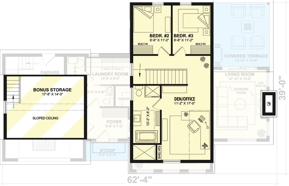 Second level floor plan with two bedrooms, den/office, and a bonus storage.