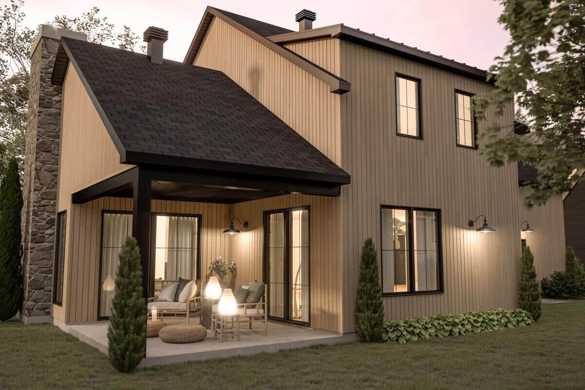 Rear rendering with a covered terrace and sliding glass doors.