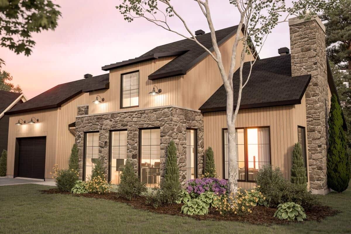 Front-right rendering with huge windows, a stone chimney, and a single garage.
