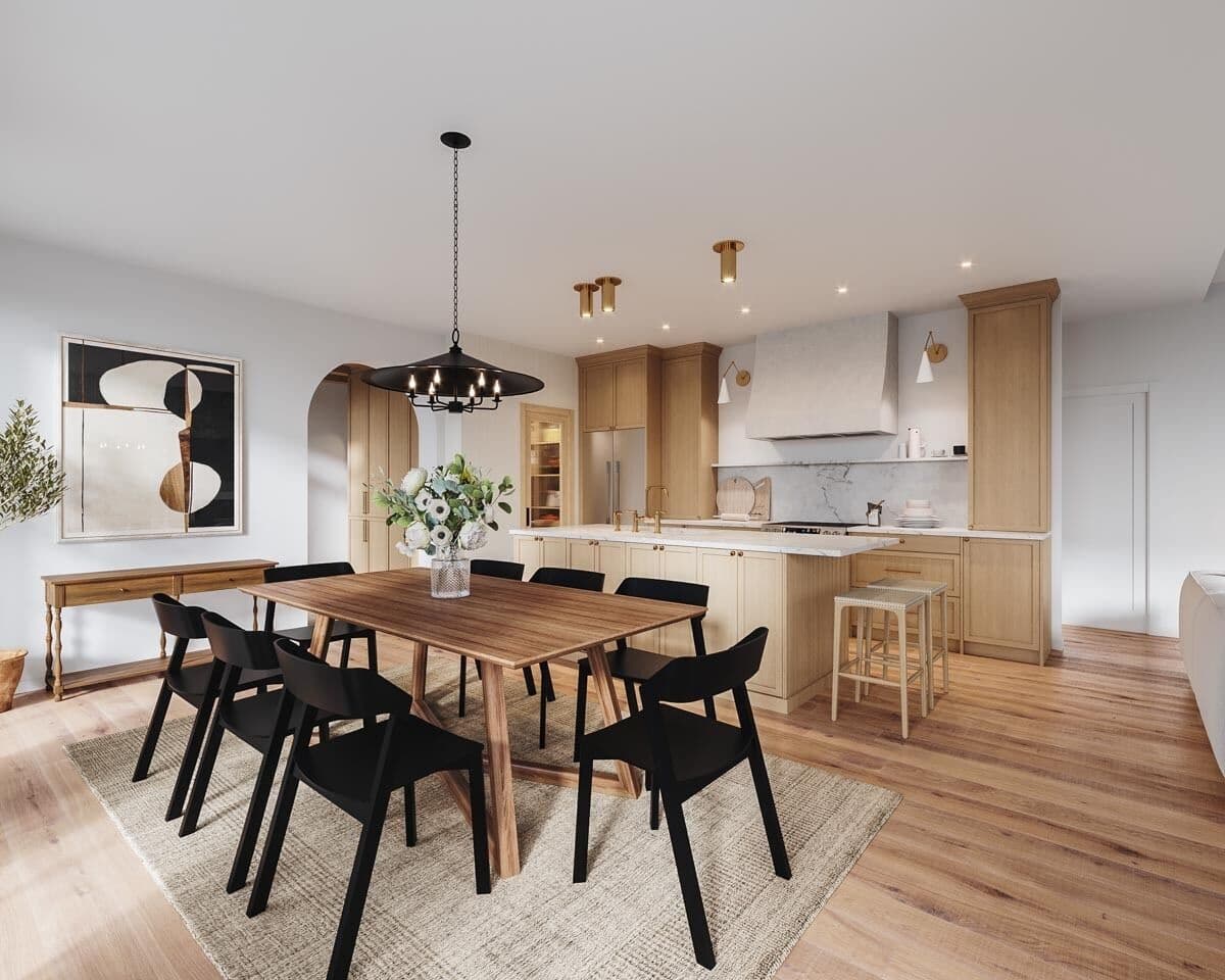 A wrought iron chandelier illuminates the dining area.