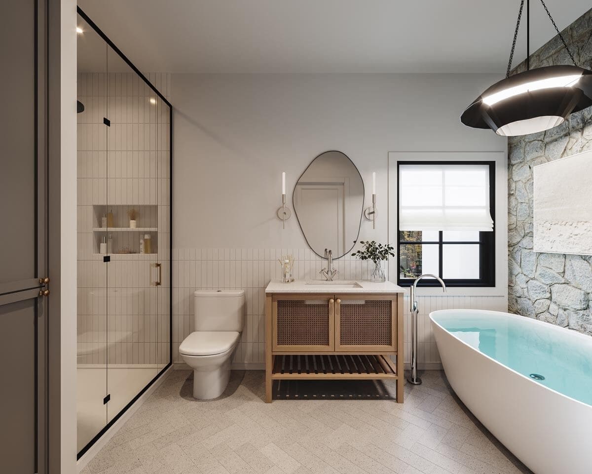 The bathroom includes a walk-in shower with a glass-hinged door.