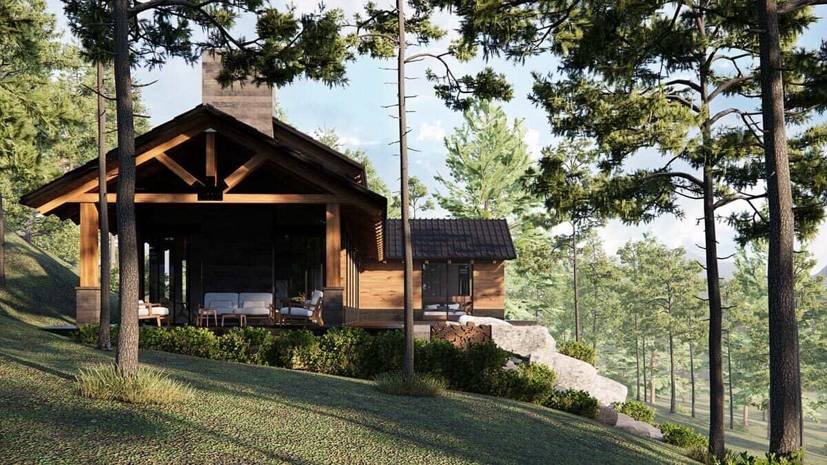 Front rendering with a gabled terrace framed with rustic timbers.