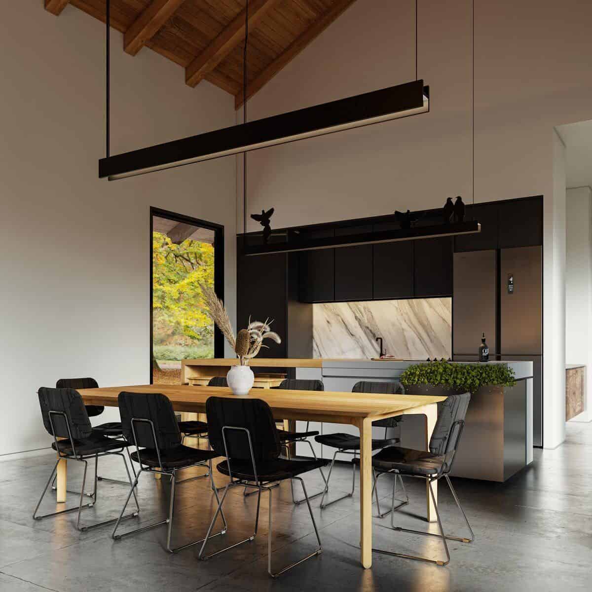 Dining area with an 8-seater dining set topped with a linear chandelier.