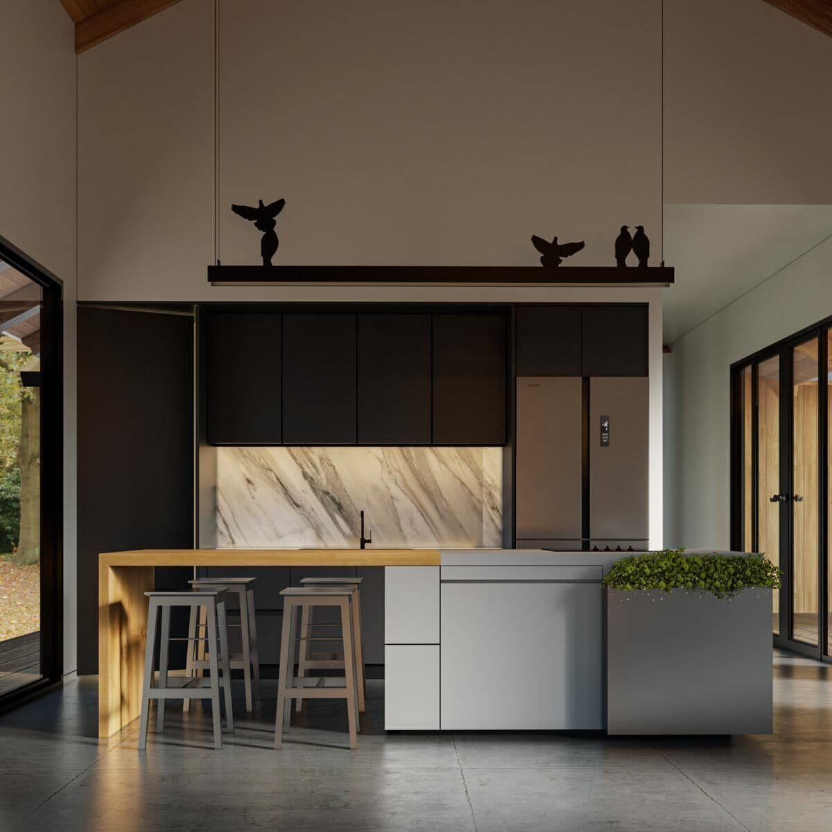 Kitchen with premium appliances, black cabinets, and a center island with a wooden eating bar.