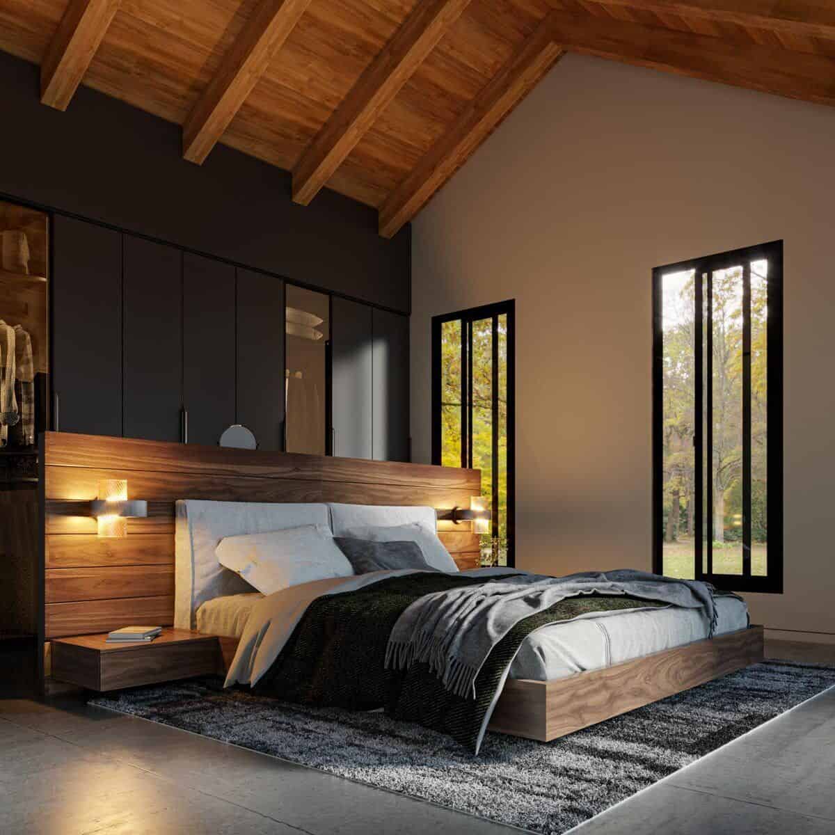 A cathedral ceiling clad in wood planks crowns the primary bedroom.